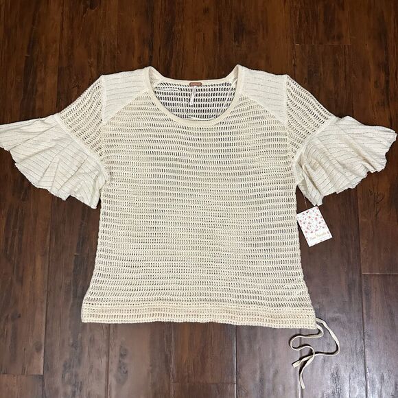 NWT FREE PEOPLE Babes Only Sweater Tee Sheer Open Weave in Cream - Picture 7 of 16